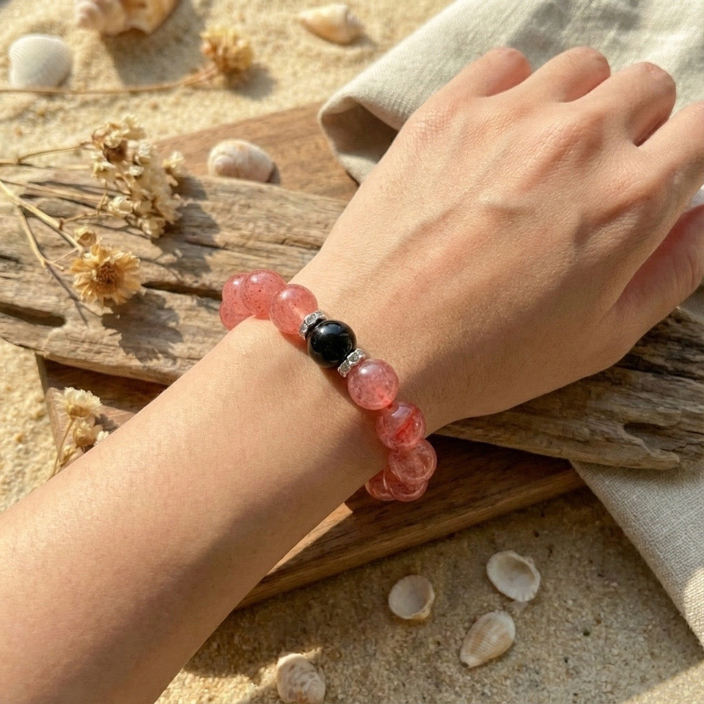 Divine Balance: Strawberry Quartz & Black Obsidian Bracelet - Love & Protection Energy (12mm)