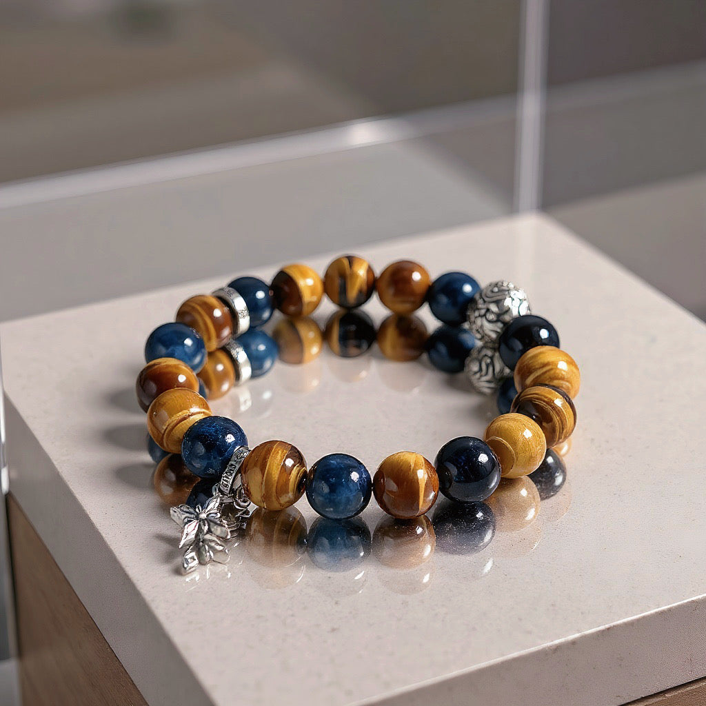 Tiger Eye Stone & Pi Yao Wealth Bracelet - Gold and Blue Crystal for Abundance, Confidence, and Protection