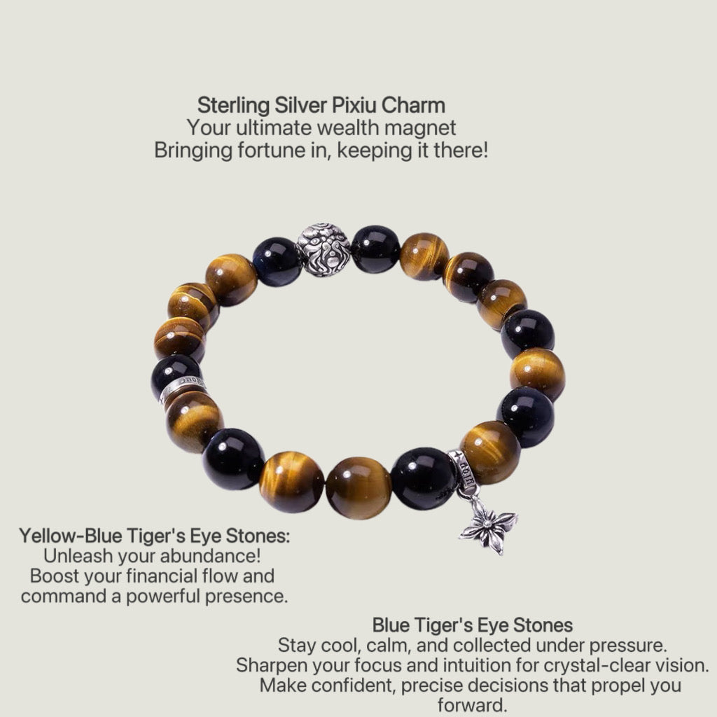 Tiger Eye Stone & Pi Yao Wealth Bracelet - Gold and Blue Crystal for Abundance, Confidence, and Protection