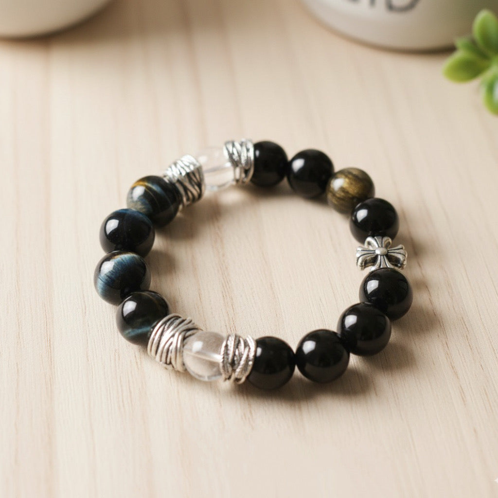 Unisex Crystal Bracelet with Blue, Golden Tigers Eye, and Clear Quartz – Elegant Wellness Jewelry for Balance and Harmony