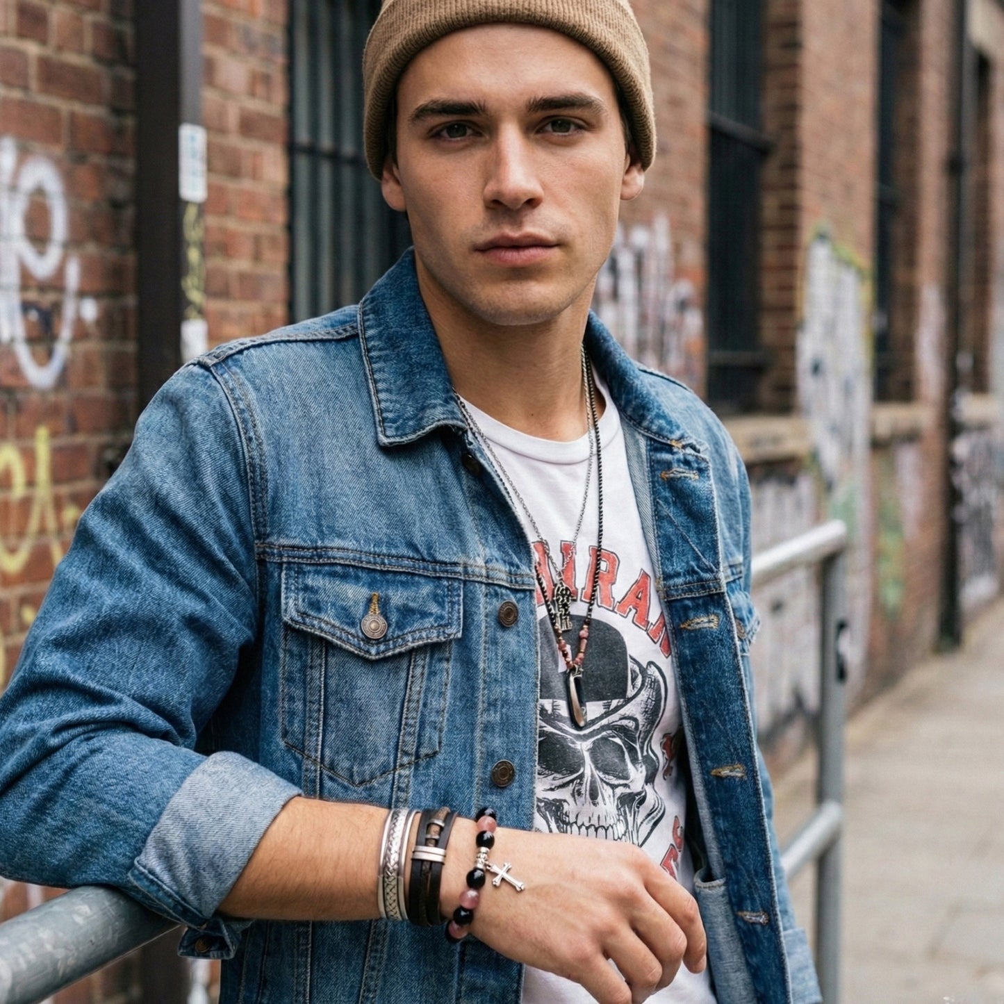 Strawberry Quartz & Black Obsidian Bracelet | Gothic Cross Charm & Soft Goth Aesthetic