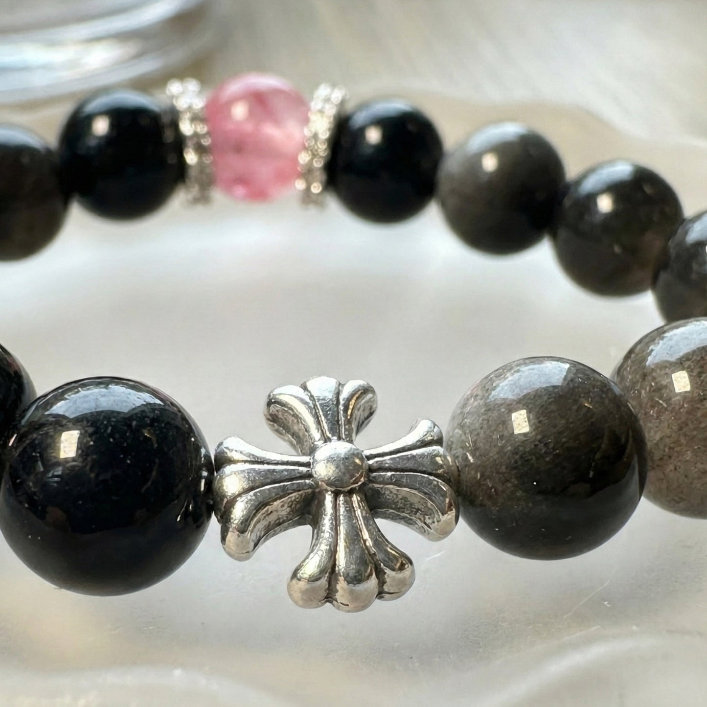 Silver Sheen Obsidian & Rose Quartz Bracelet | 10mm Protection Beads with Silver Cross Charm