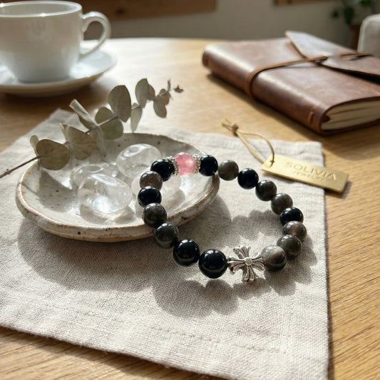 Silver Sheen Obsidian & Rose Quartz Bracelet | 10mm Protection Beads with Silver Cross Charm