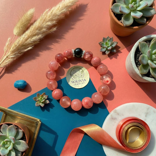 Divine Balance: Strawberry Quartz & Black Obsidian Bracelet - Love & Protection Energy (12mm)