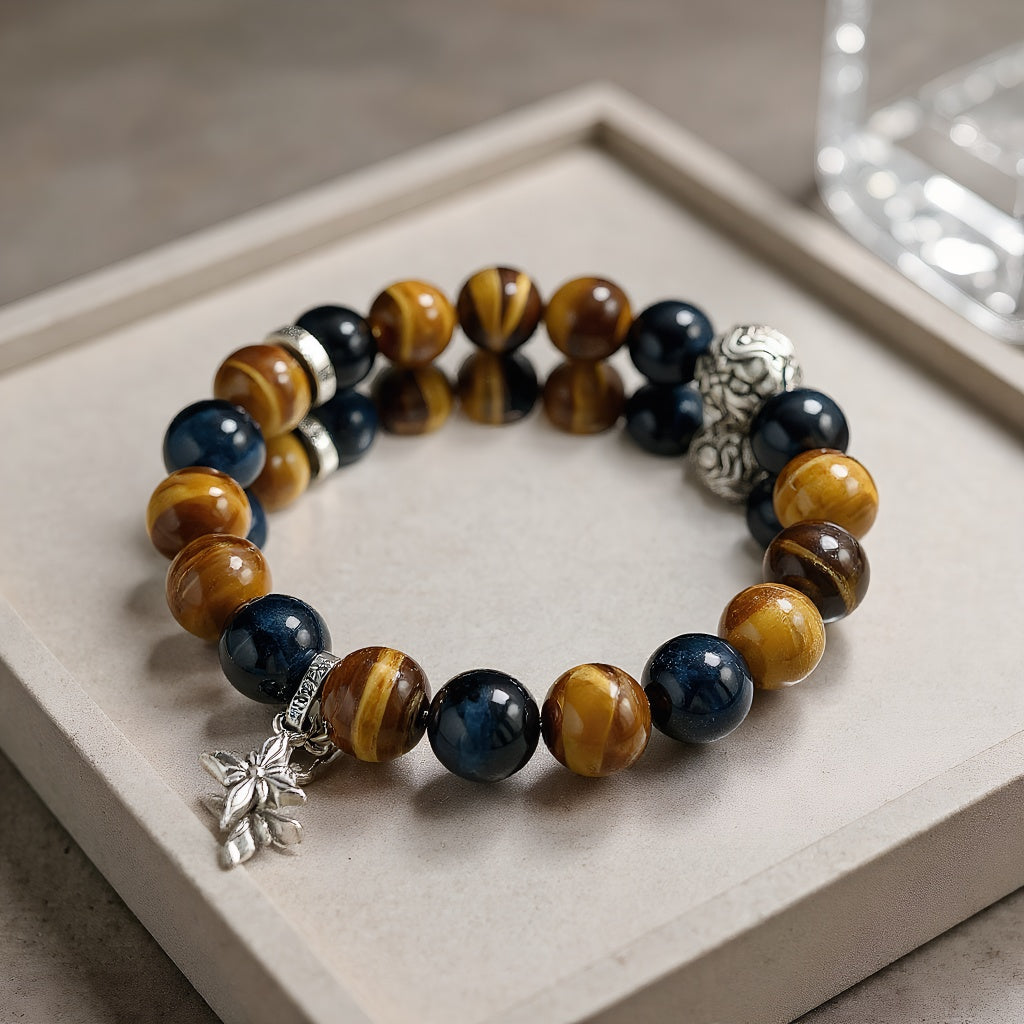Tiger Eye Stone & Pi Yao Wealth Bracelet - Gold and Blue Crystal for Abundance, Confidence, and Protection