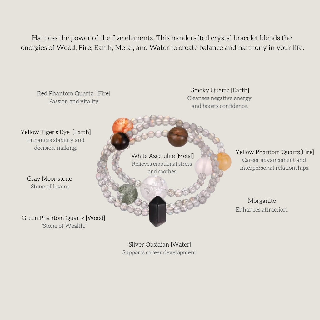 Handmade Crystal Energy Bracelet: Five Element Design for Well-being & Abundance