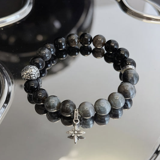 The Guardian Aura Bracelet - Grounding Black Obsidian Stack with Mythical Protector Charm for Clarity & Abundance