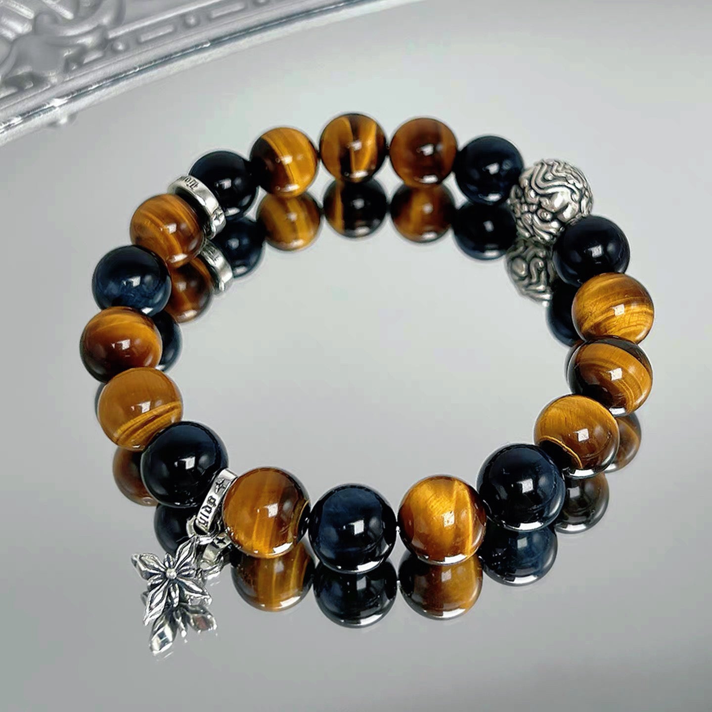 Tiger Eye Stone & Pi Yao Wealth Bracelet - Gold and Blue Crystal for Abundance, Confidence, and Protection