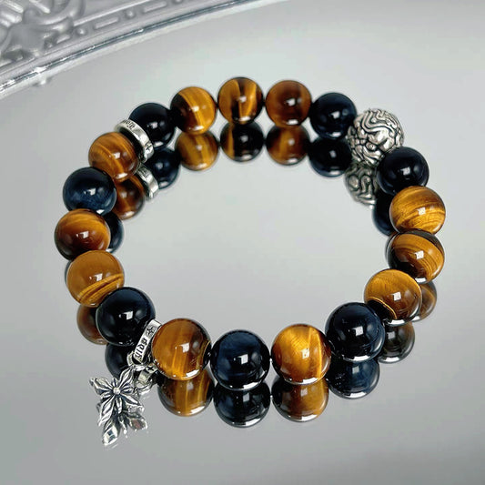 Tiger Eye Stone & Pi Yao Wealth Bracelet - Gold and Blue Crystal for Abundance, Confidence, and Protection
