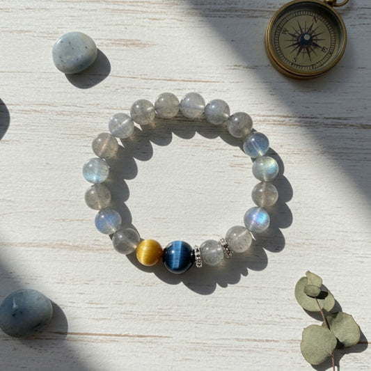 Elegant Natural Gray Moonstone Crystal Beaded Bracelet with Blue and Golden Tiger's Eye Accents – Luxurious & Stylish Jewelry