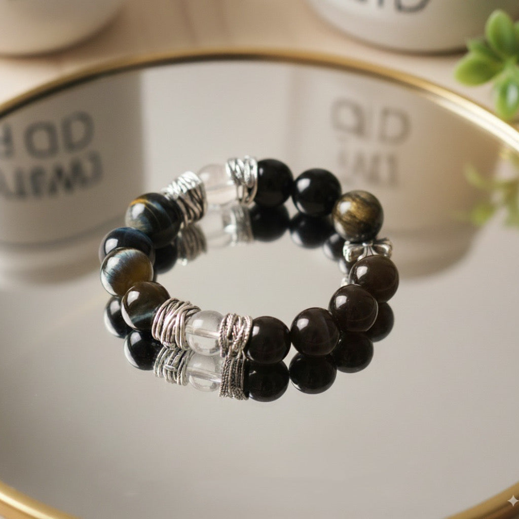 Unisex Crystal Bracelet with Blue, Golden Tigers Eye, and Clear Quartz – Elegant Wellness Jewelry for Balance and Harmony