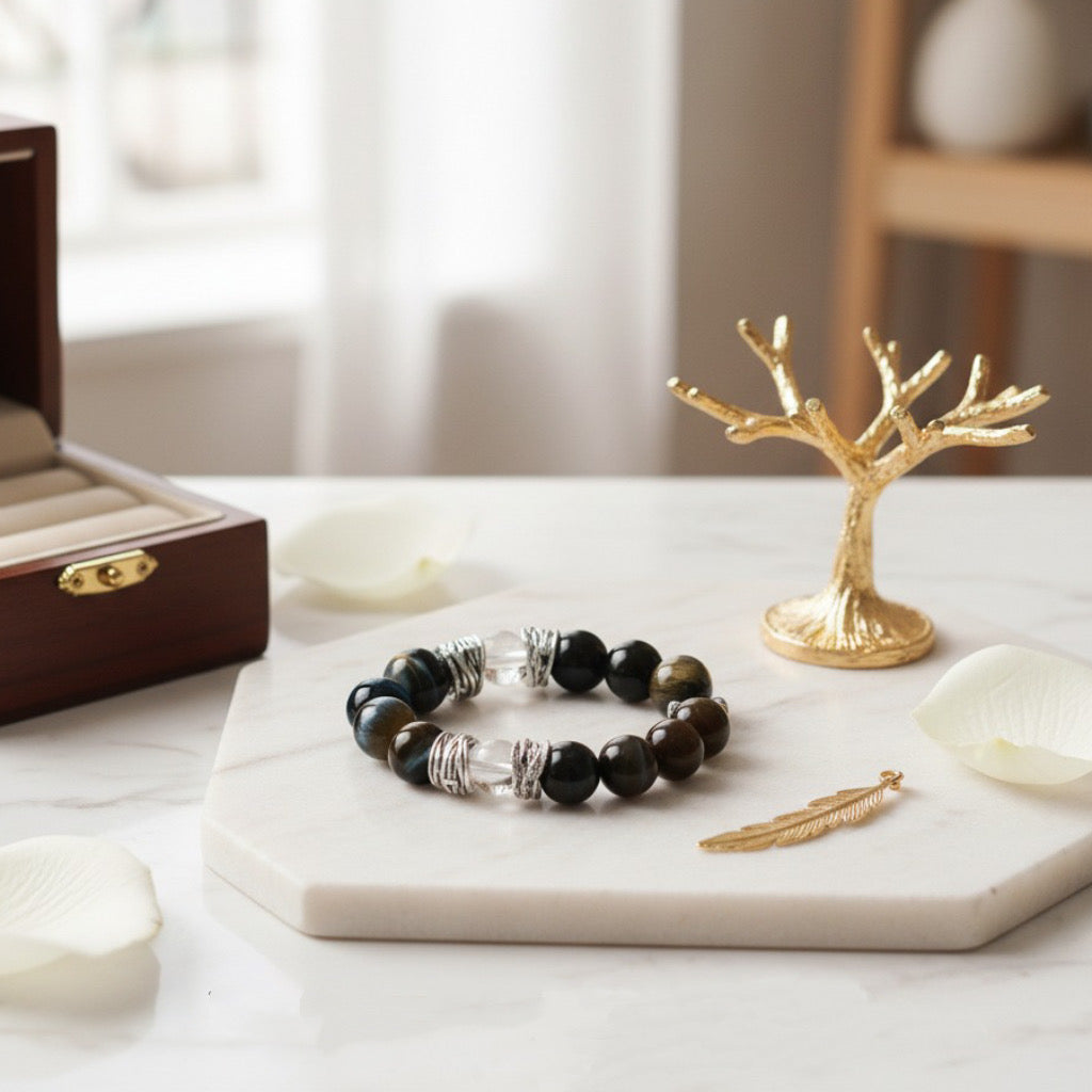 Unisex Crystal Bracelet with Blue, Golden Tigers Eye, and Clear Quartz – Elegant Wellness Jewelry for Balance and Harmony