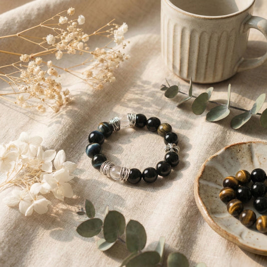 Blue & Golden Tiger Eye + Clear Quartz Bracelet | Focus, Clarity & Confidence | Natural Zodiac Jewelry