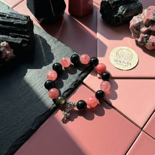 Strawberry Quartz & Black Obsidian Bracelet | Gothic Cross Charm & Soft Goth Aesthetic